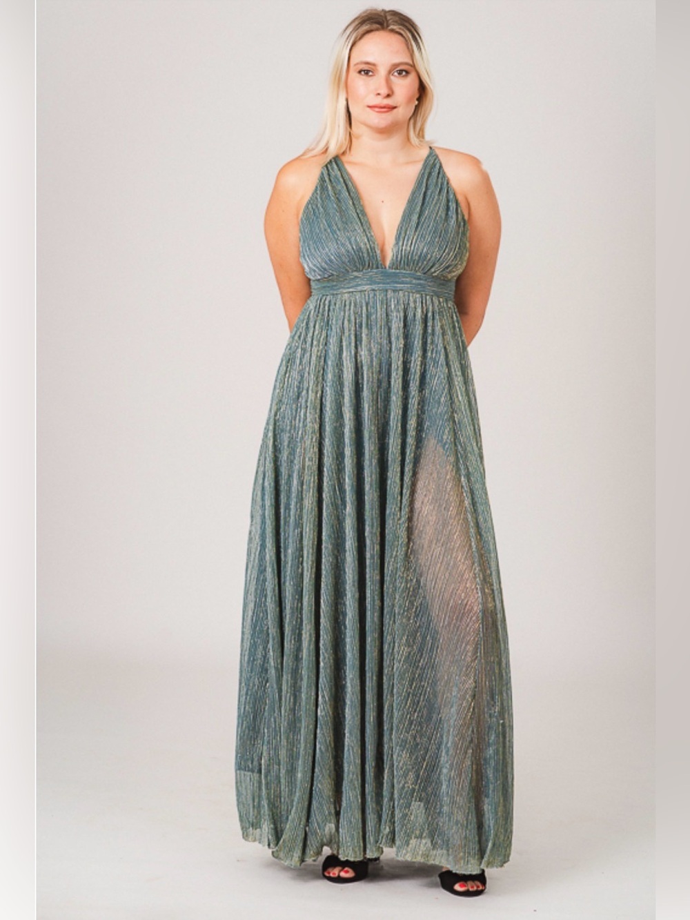 Luxxel Teal Shimmer Halter Maxi Dress